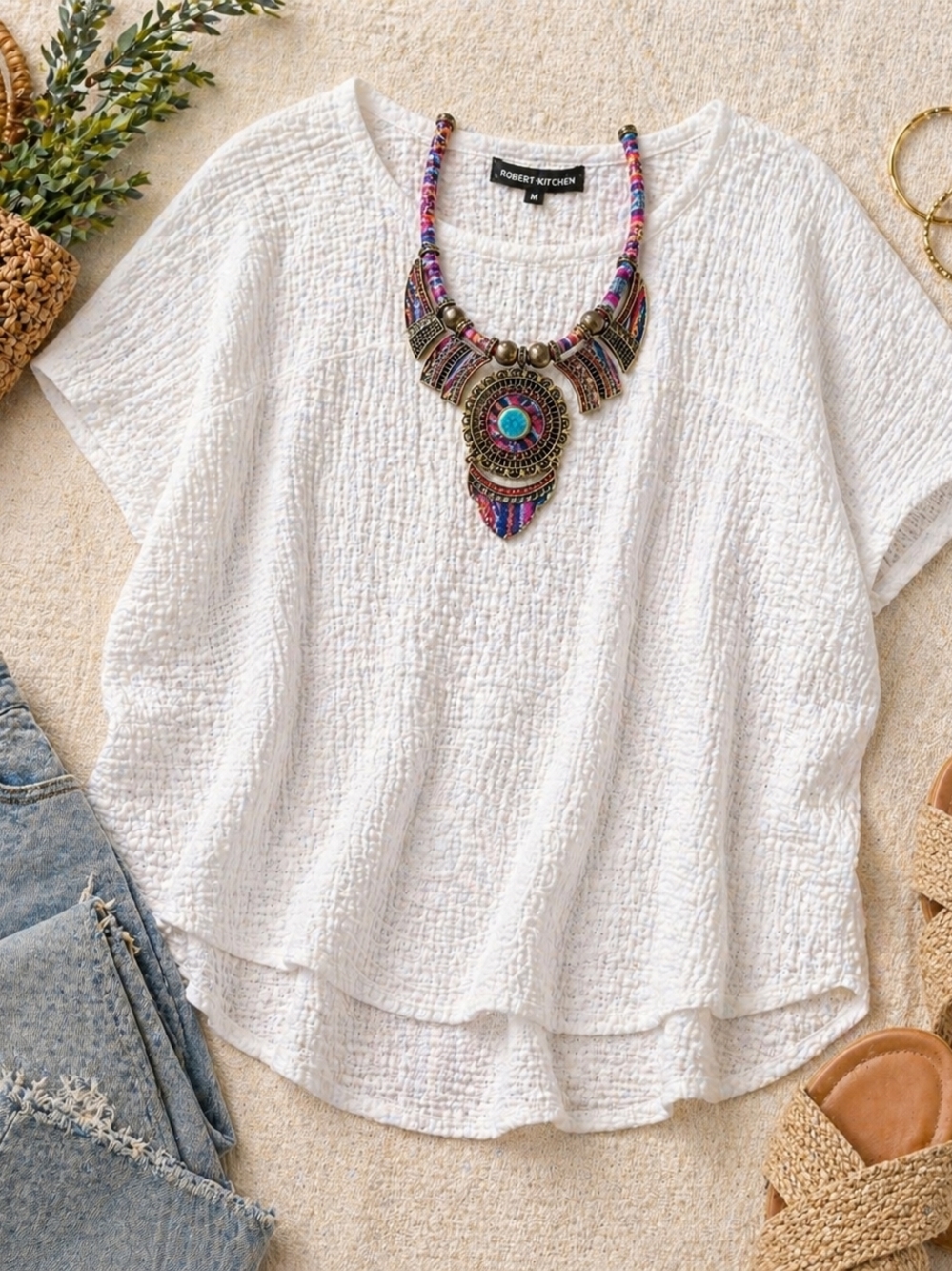 Robert Kitchen White Gauze Top Textured Blouse M
